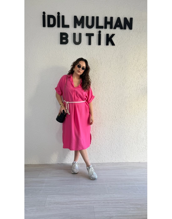 Pembe Kemer Detaylı Tensel Elbise