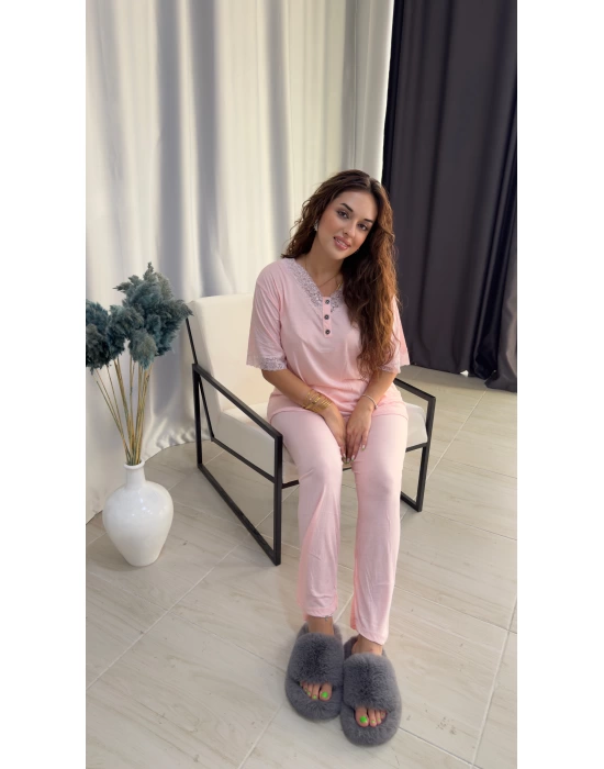 Pudra Pembe Dantel Yaka Pijama Takımı