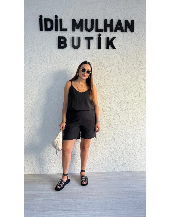 Siyah Askılı Şortlu Tensel Takım