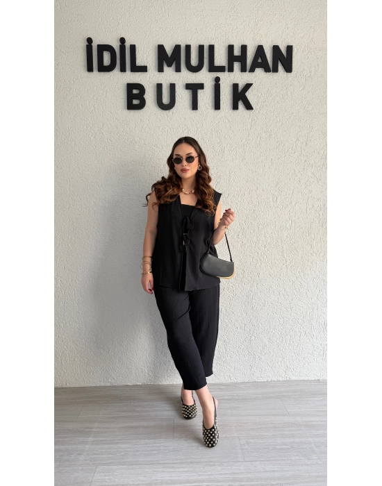 Siyah Bağlama Detay Yelek Takım