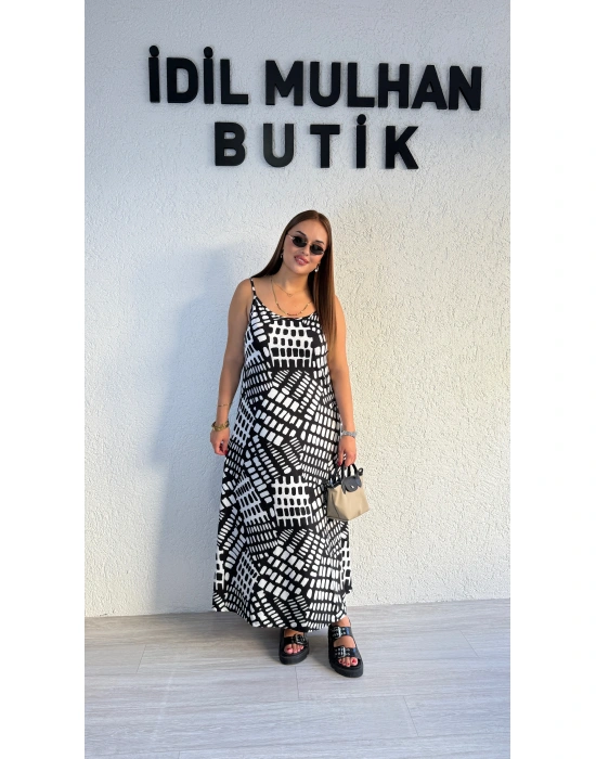 Siyah Beyaz Desenli Askılı Pamuk Elbise