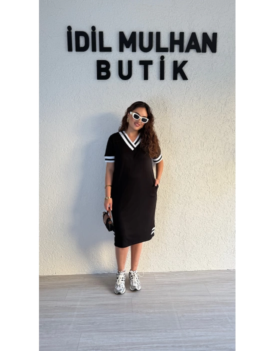 Siyah Beyaz Şeritli Basic Elbise