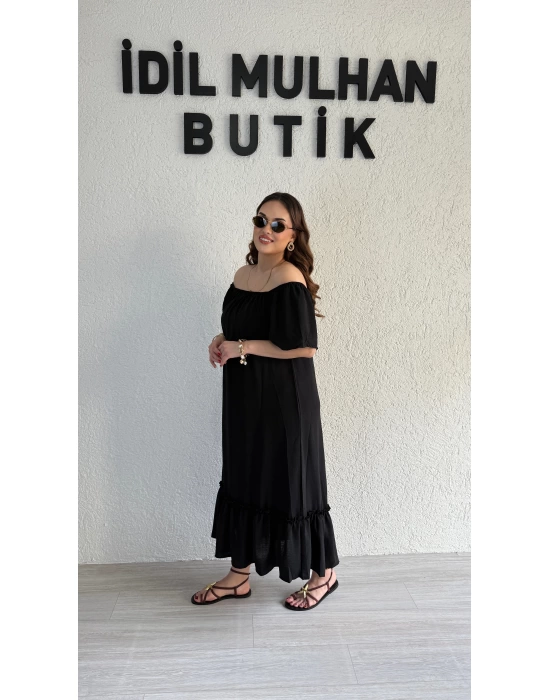 Siyah Madonna Yaka Etek Ucu Fırfırlı Elbise