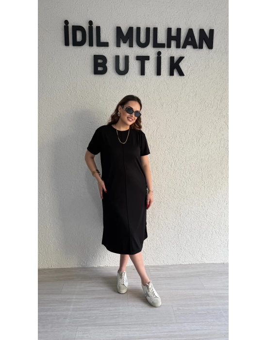Siyah Oysh Kumaş Basic Elbise