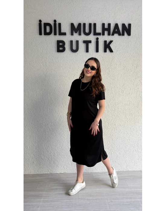Siyah Oysh Kumaş Basic Elbise