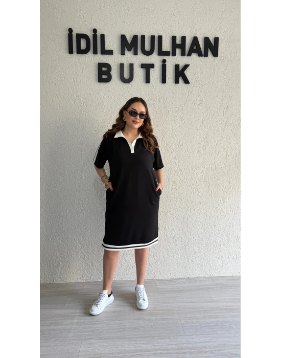 Siyah Polo Yaka Beyaz Şeritli Elbise