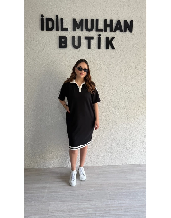 Siyah Polo Yaka Beyaz Şeritli Elbise