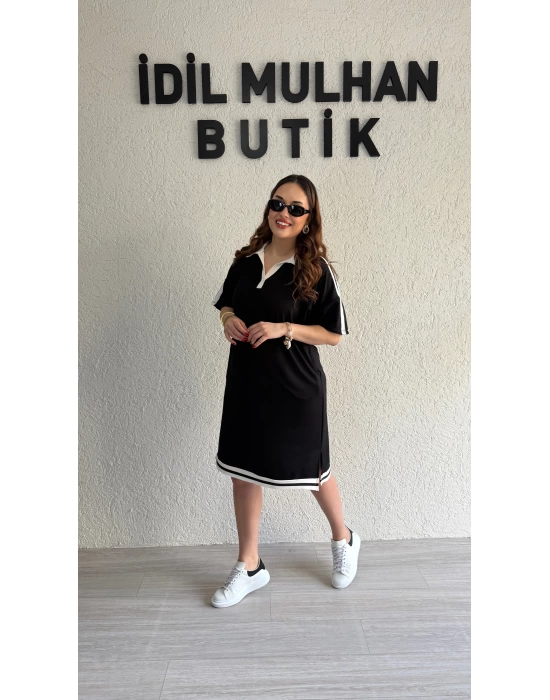 Siyah Polo Yaka Beyaz Şeritli Elbise