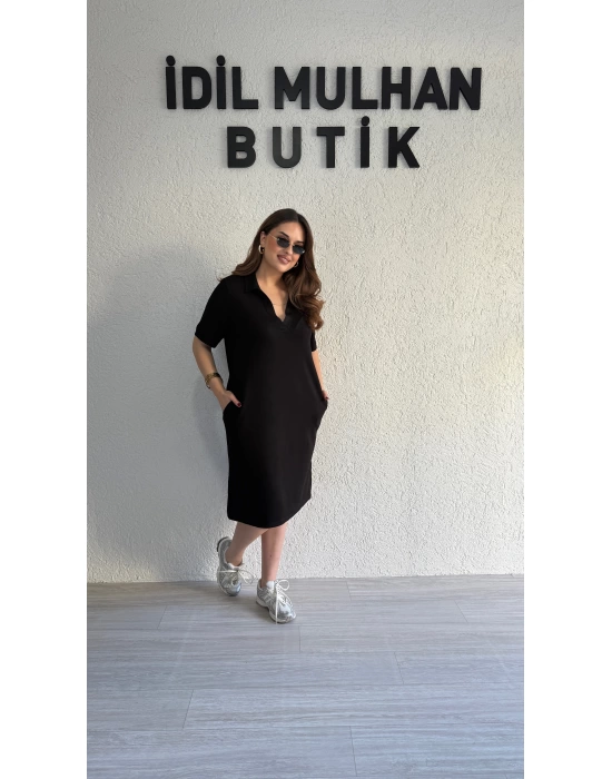 Siyah Polo Yaka Modal Kumaş Elbise