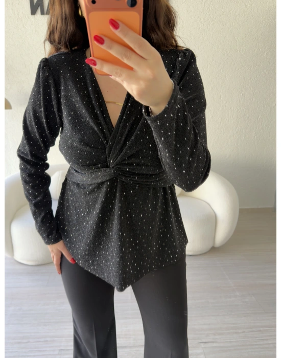 Siyah Sim Detaylı Taş İşlemeli Bluz