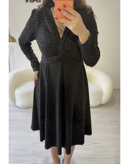 Siyah Sim Işıltılı Kruvaze Elbise