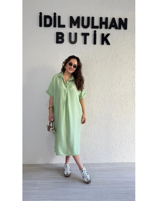 Su Yeşili Kemer Detaylı Tensel Elbise