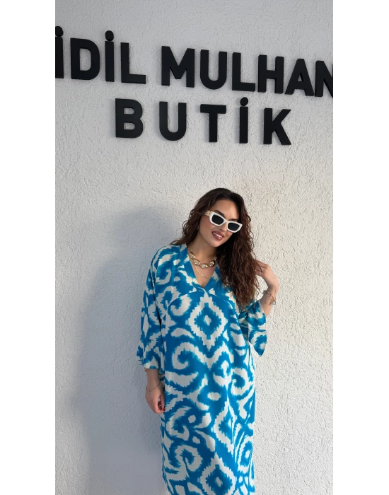 Turkuaz Batik Desenli Elbise