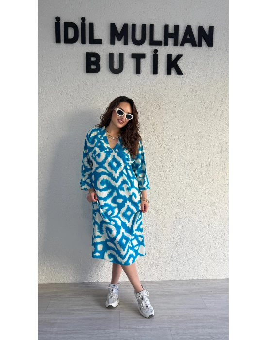 Turkuaz Batik Desenli Elbise
