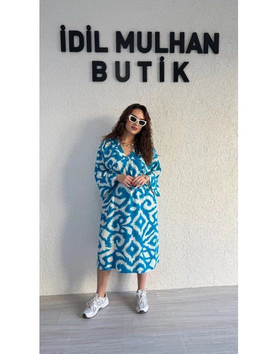 Turkuaz Batik Desenli Elbise