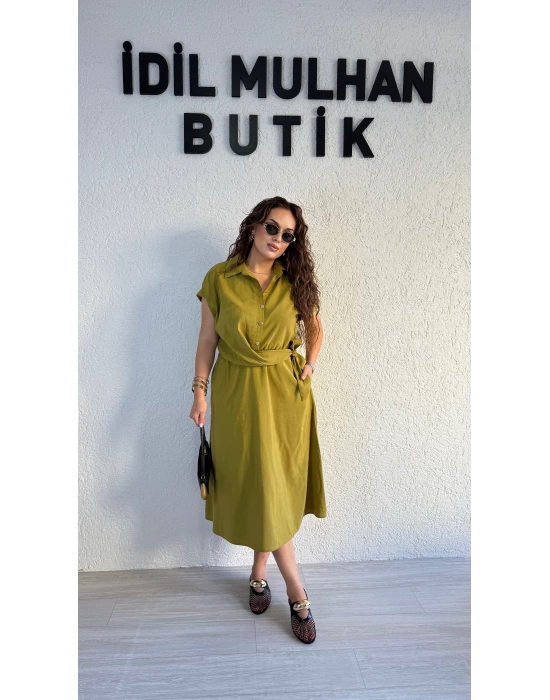 Yağ Yeşili Önden Bağlamalı Pinko Elbise