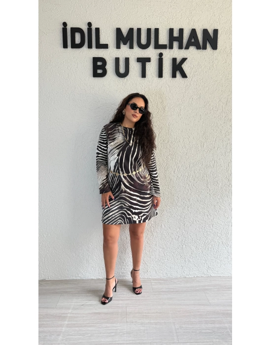 Zebra Desenli Gold Kemer Detaylı Elbise