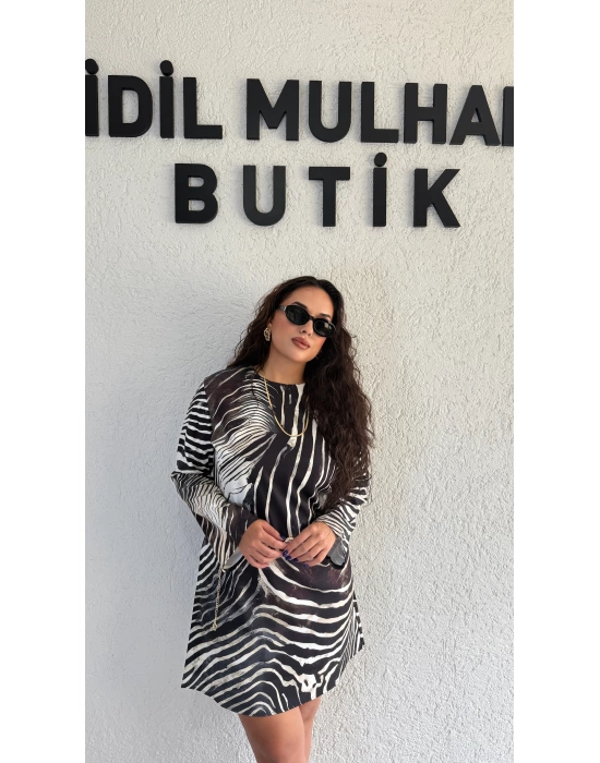 Zebra Desenli Gold Kemer Detaylı Elbise