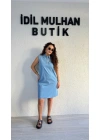 Buz Mavisi Kolsuz Düğmeli Kot Elbise