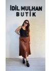 Kahverengi Yüksek Bel Saten Etek