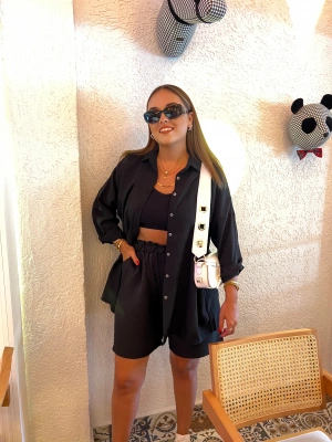 %100 Pamuk Yüksek Bel Siyah Şort