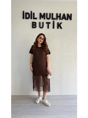 Acı Kahve Eteği Güpürlü Elbise