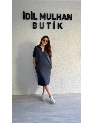 Antrasit Polo Yaka Modal Kumaş Elbise