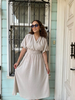 Balon Kol Kruvaze Keten Elbise