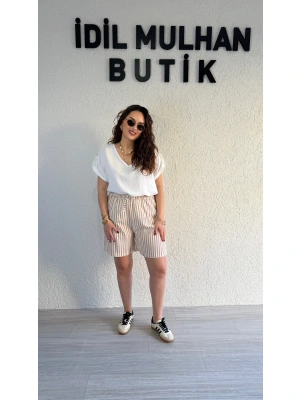 Bej Çizgili Şort