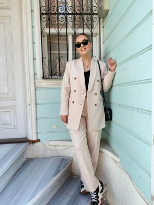 Bej Double Krep Blazer Takım