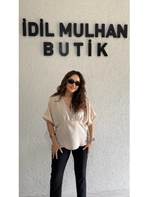 Bej Keten İşlemeli Bluz