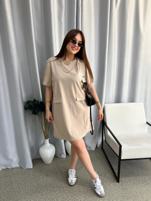 Bej Likralı Basic Elbise