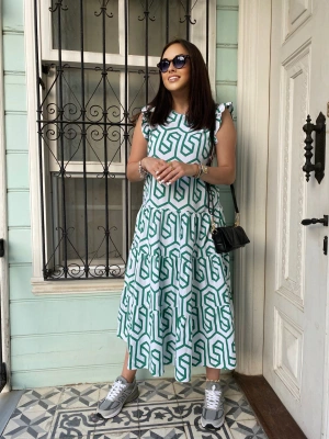 Beyaz Yeşil Desenli Elbise