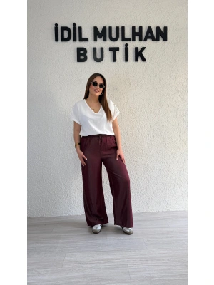 Bordo Beli Lastikli Tensel Pantolon