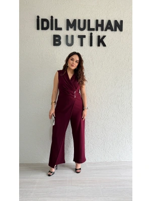 Bordo Düğme Detaylı Kruvaze Tulum