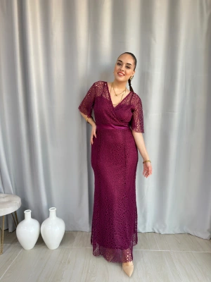Bordo Örümcek Dantel Kumaş Elbise