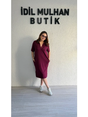 Bordo Polo Yaka Modal Kumaş Elbise
