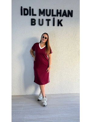 Bordo V Yaka Yanları Şeritli Elbise