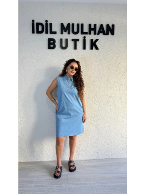 Buz Mavisi Kolsuz Düğmeli Kot Elbise
