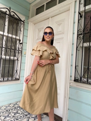 Camel Omuzu Valonlu Romantik Keten Elbise