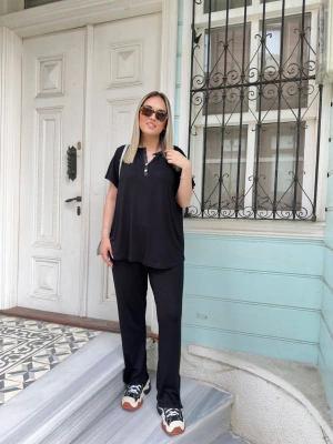 Düğme Detaylı Büyük Beden Viskon Takım