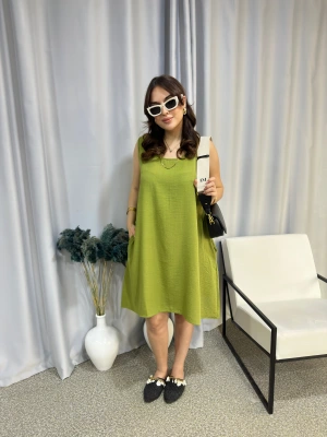 Fıstık Yeşili Bambu Keten Elbise