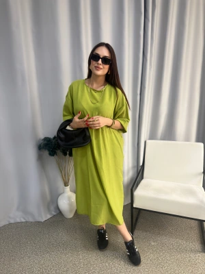 Fıstık Yeşili Cepli Keten Elbise