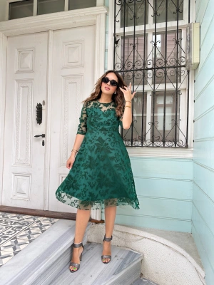 Flok Baskılı Tül Yeşil Elbise