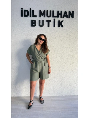 Haki Keten Aerobin Şortlu Tulum