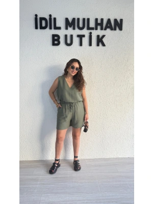 Haki Keten Şortlu Takım