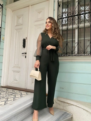 Haki Kolları Tüllü Tulum