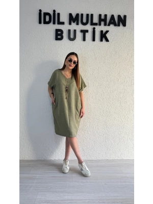 Haki Kolyeli Keten Elbise