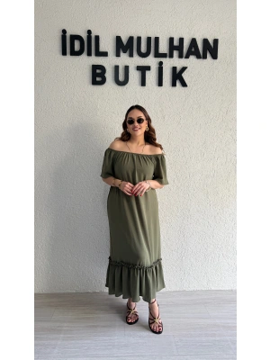 Haki Madonna Yaka Etek Ucu Fırfırlı Elbise