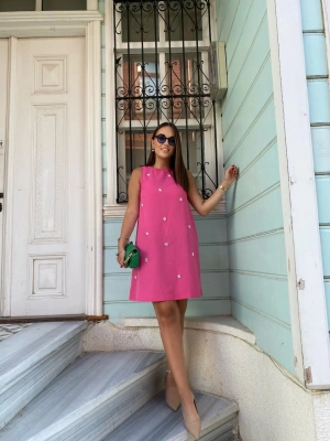 İnci Taşlı Fuşya Keten Elbise